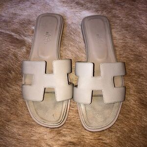 Hermes epsom leather Women's Ivory Oran Slide Sandals size 38